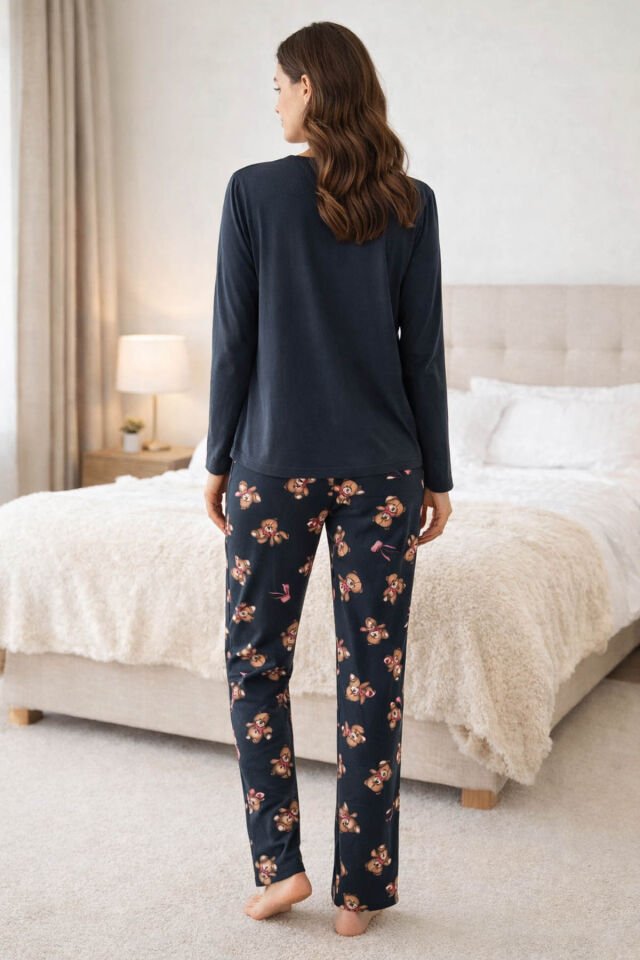 Kadın Pamuklu Ayıcıklı Pijama Takımı Kahverengi -  Füme - S