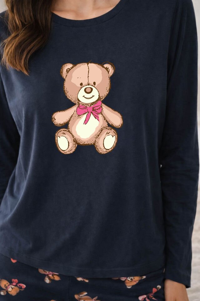 Kadın Pamuklu Ayıcıklı Pijama Takımı Kahverengi -  Füme - S