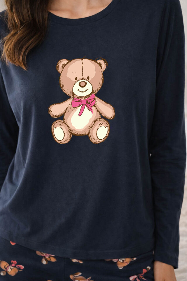 Kadın Pamuklu Ayıcıklı Pijama Takımı Kahverengi -  Füme - S