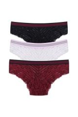 Kadın 3'lü Çizgili Lastikli Dantelli Külot