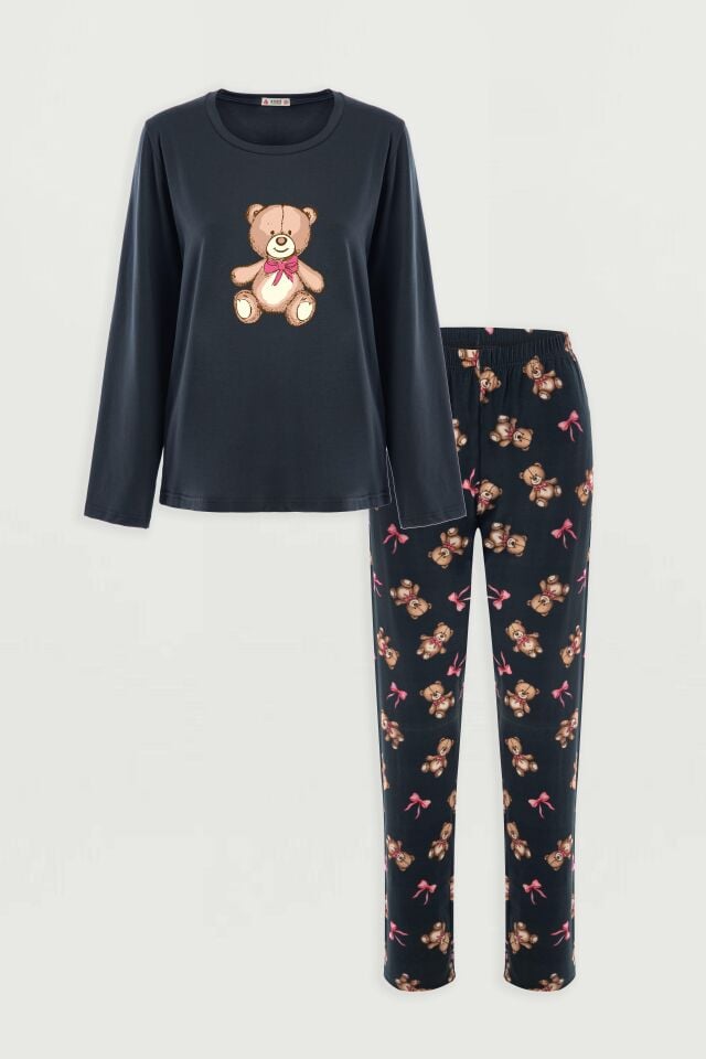 Kadın Pamuklu Ayıcıklı Pijama Takımı Kahverengi -  Füme - XL
