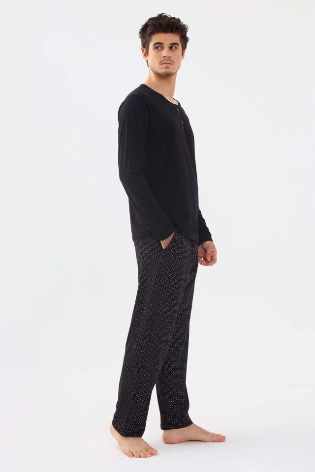 Erkek Pamuklu, Likralı, Yaka Düğmeli Ve Cep Detaylı Pijama Takımı Siyah - S