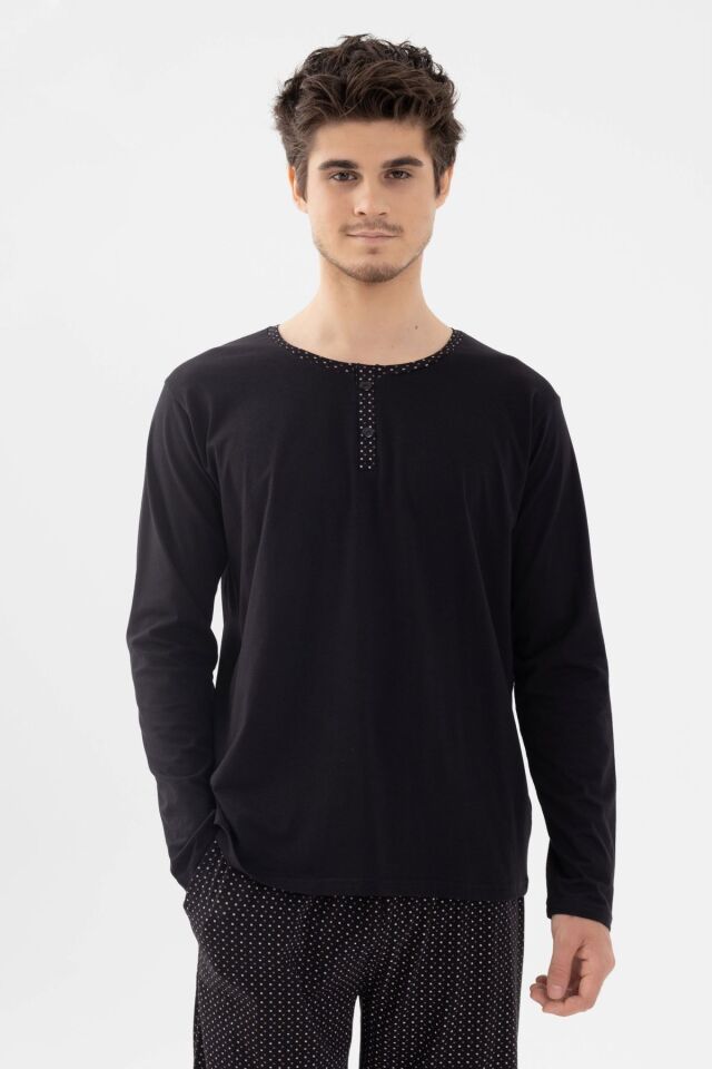 Erkek Pamuklu, Likralı, Yaka Düğmeli Ve Cep Detaylı Pijama Takımı Siyah - S