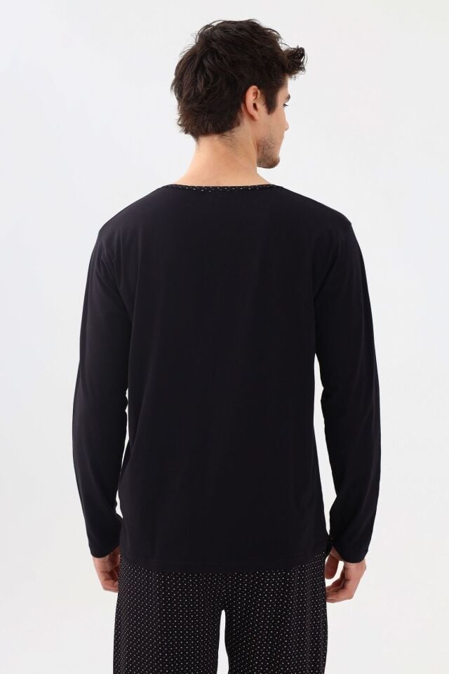 Erkek Pamuklu, Likralı, Yaka Düğmeli Ve Cep Detaylı Pijama Takımı Siyah - S