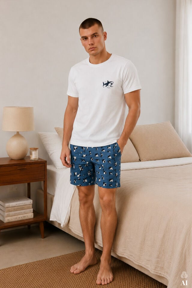Erkek Pamuklu Baskılı Cepli Şortlu Pijama Takımı Mavi - Siyah - 2XL