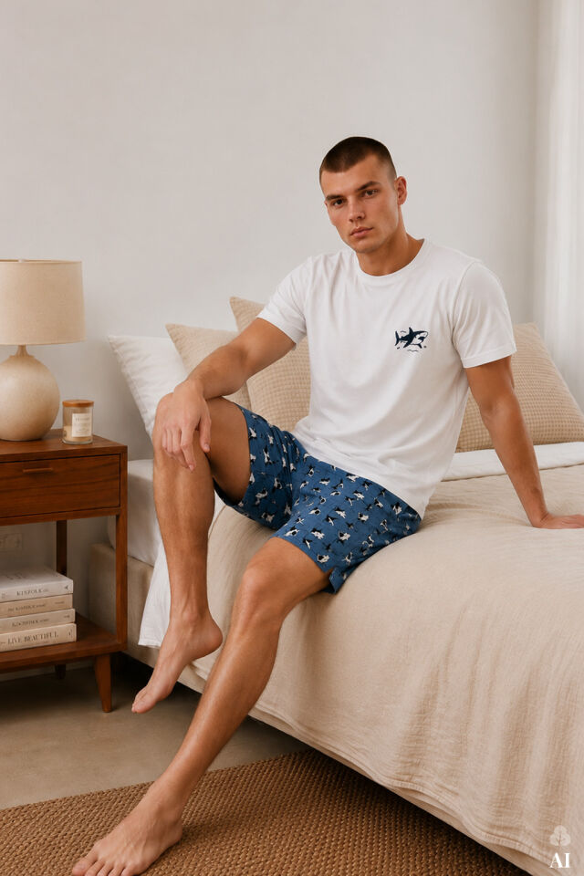 Erkek Pamuklu Baskılı Cepli Şortlu Pijama Takımı Mavi - Siyah - 2XL