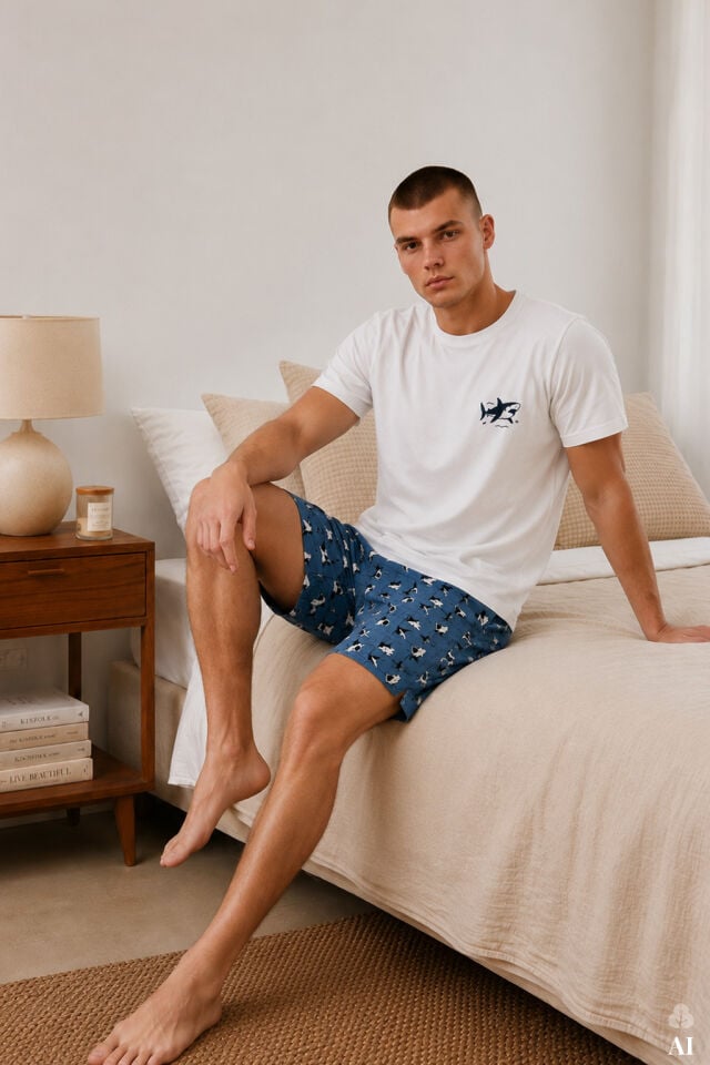 Erkek Pamuklu Baskılı Cepli Şortlu Pijama Takımı Mavi - Siyah - 2XL