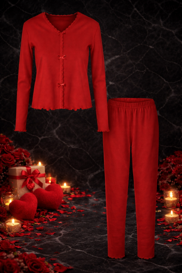 Sevgililer Günü Temalı Kadın Pamuklu Dantel ve Kurdele/Fiyonk Detaylı Kaşkorse Renkli Pijama Takımı Kırmızı - XL