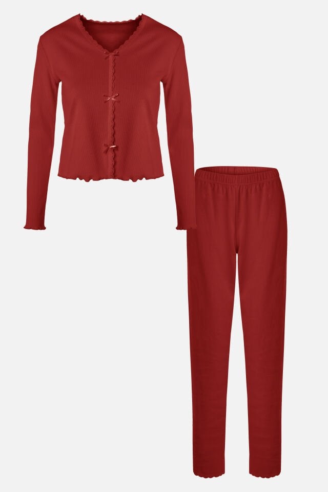 Sevgililer Günü Temalı Kadın Pamuklu Dantel ve Kurdele/Fiyonk Detaylı Kaşkorse Renkli Pijama Takımı Kırmızı - XL