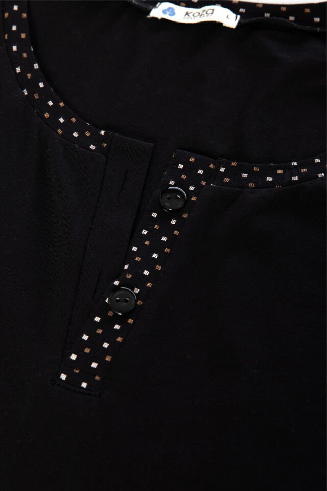 Erkek Pamuklu, Likralı, Yaka Düğmeli Ve Cep Detaylı Pijama Takımı Siyah - Beyaz - S