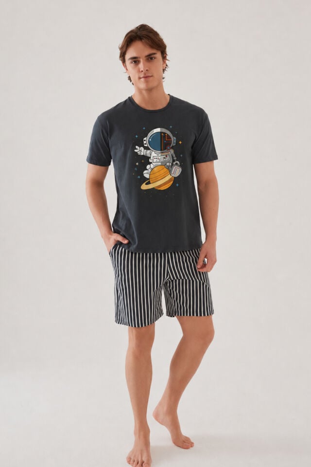 Erkek Pamuklu Mavi Baskılı Cepli Şort Pijama Takımı Füme - Beyaz - L