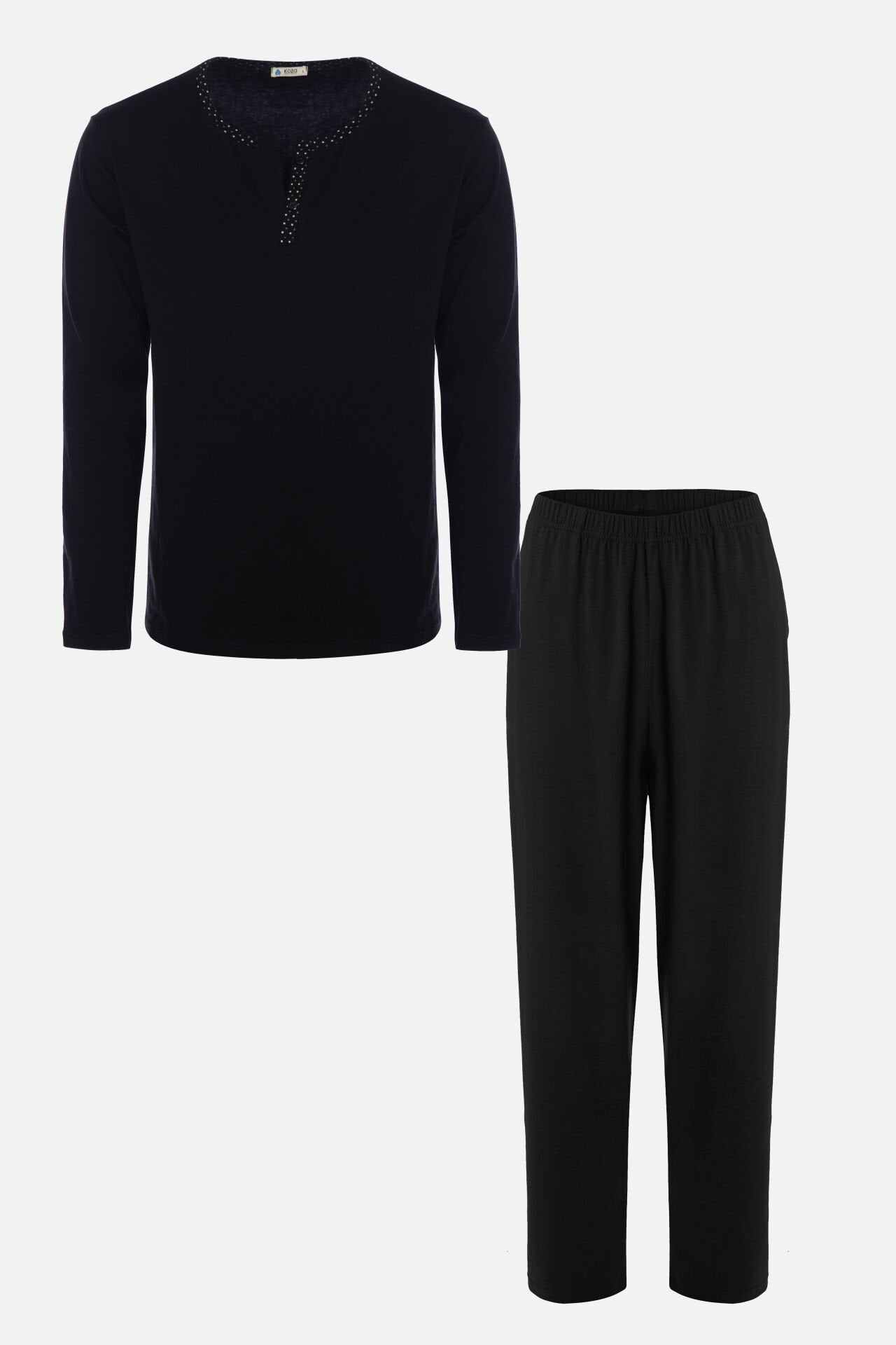 Erkek Pamuklu, Likralı, Yaka Düğmeli Ve Cep Detaylı Pijama Takımı Siyah - Beyaz - XL