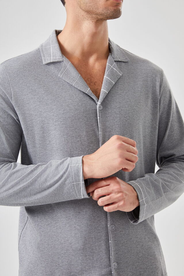 Erkek Pamuklu Gri Ekose Desenli Uzun Kollu Cep Detaylı Gömlek Yaka Pijama Takımı Gri - XL