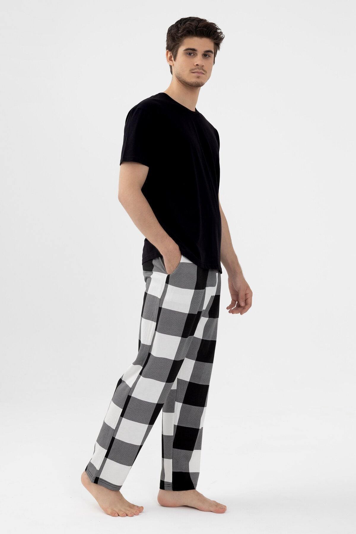 Erkek Kısa Kollu Pamuklu Ekose Desenli Pijama Takımı Siyah - XL