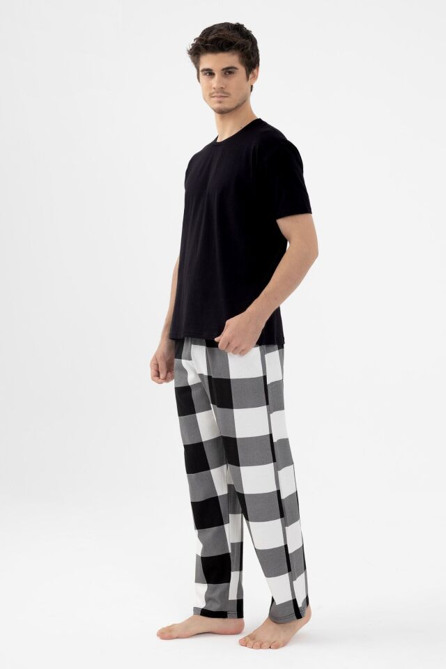 Erkek Kısa Kollu Pamuklu Ekose Desenli Pijama Takımı Siyah - XL