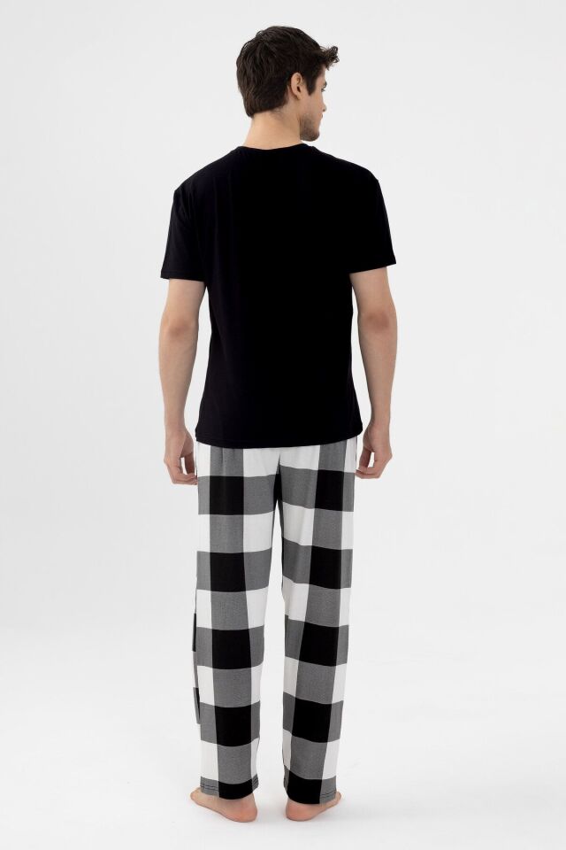 Erkek Kısa Kollu Pamuklu Ekose Desenli Pijama Takımı Siyah - XL