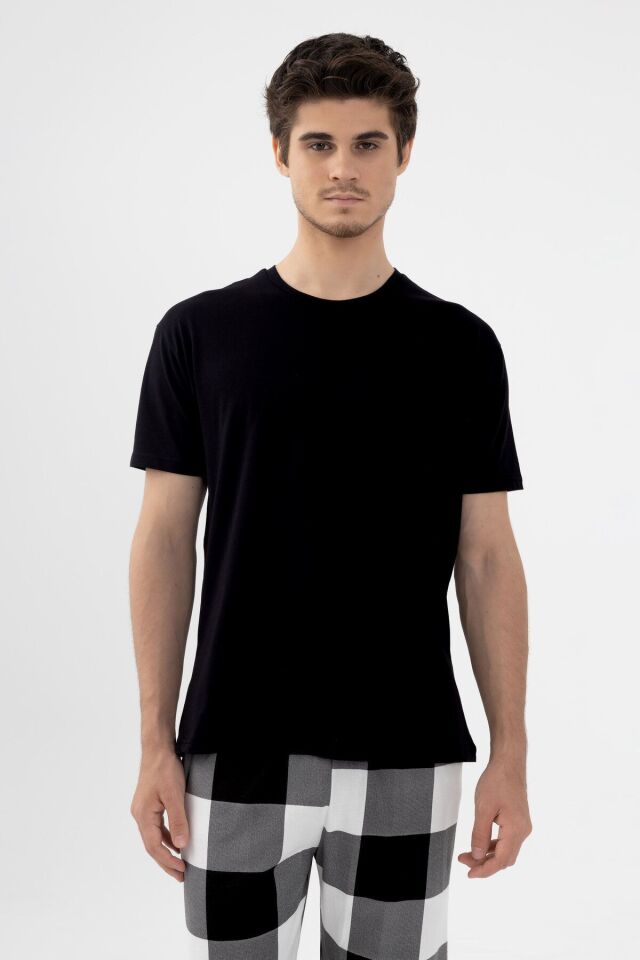 Erkek Kısa Kollu Pamuklu Ekose Desenli Pijama Takımı Siyah - XL