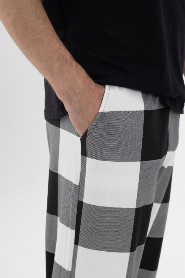 Erkek Kısa Kollu Pamuklu Ekose Desenli Pijama Takımı Siyah - S