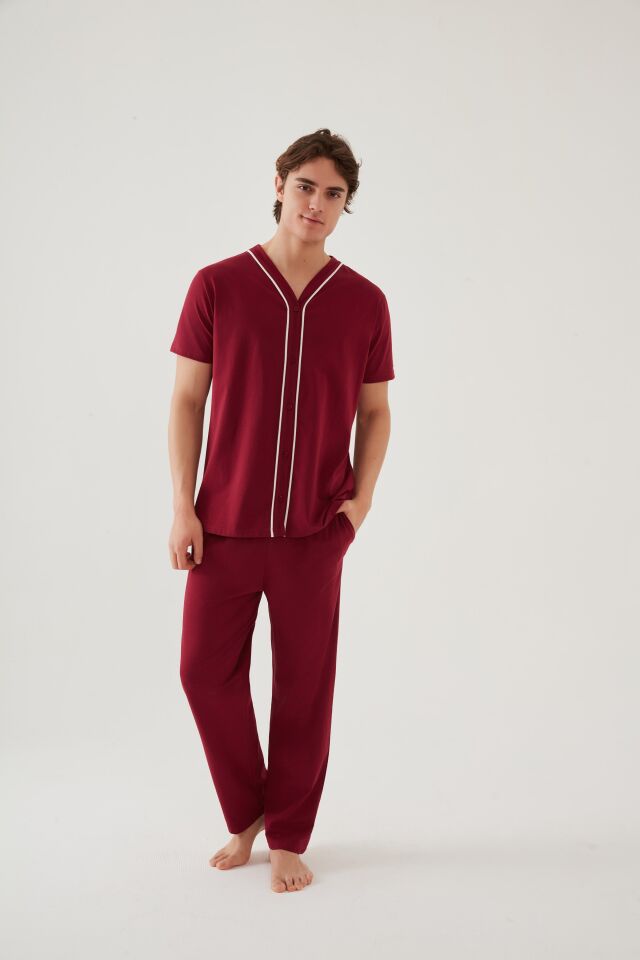 Erkek Kısa Kollu Pamuklu Gömlek Yaka Düğmeli Biyeli Pijama Takımı S - Bordo
