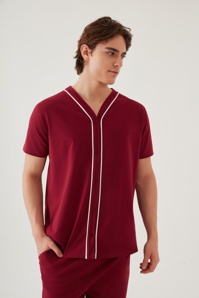Erkek Kısa Kollu Pamuklu Gömlek Yaka Düğmeli Biyeli Pijama Takımı S - Bordo
