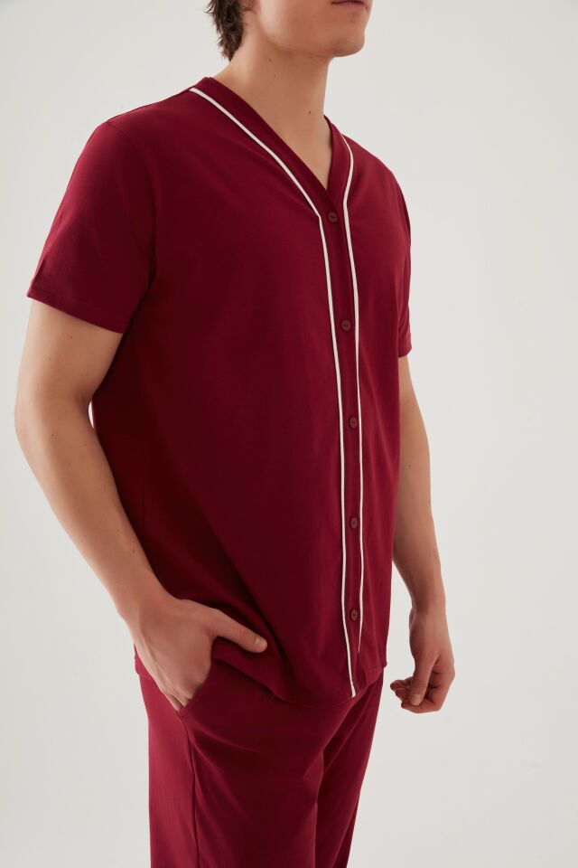 Erkek Kısa Kollu Pamuklu Gömlek Yaka Düğmeli Biyeli Pijama Takımı S - Bordo