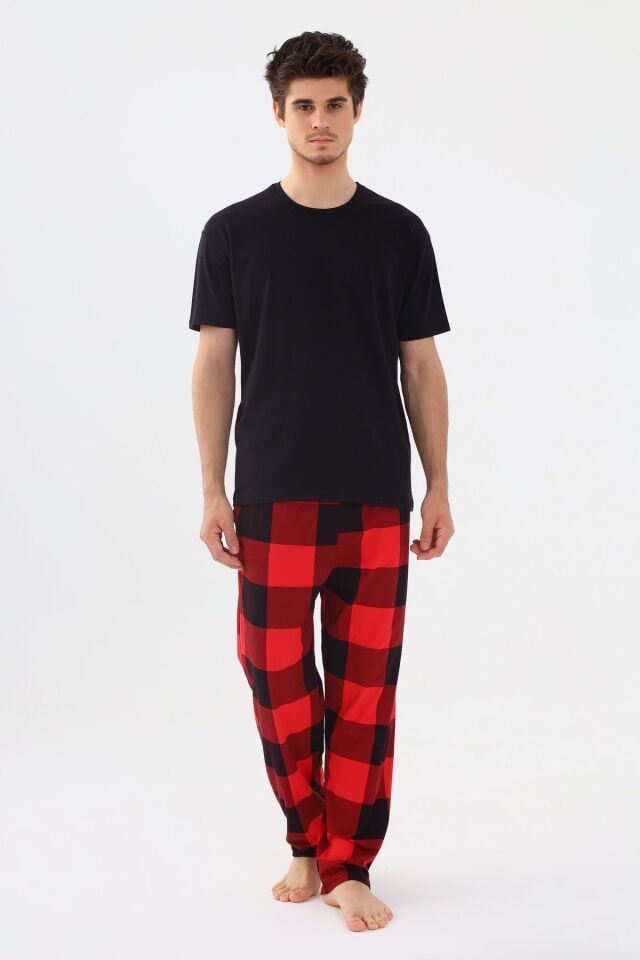 Erkek Kısa Kollu Pamuklu Kırmızı Ekose Desenli Kombinli Pijama Takımı Kırmızıekose - L
