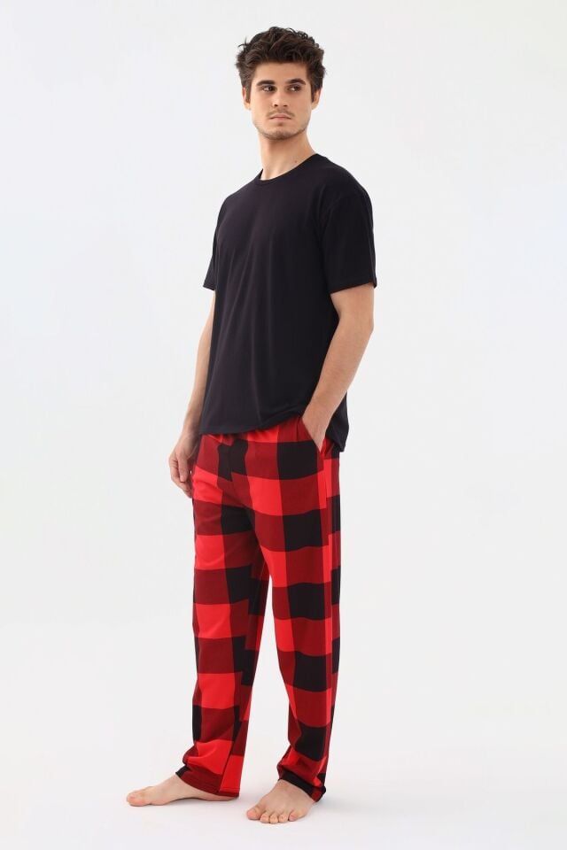 Erkek Kısa Kollu Pamuklu Kırmızı Ekose Desenli Kombinli Pijama Takımı Kırmızıekose - L