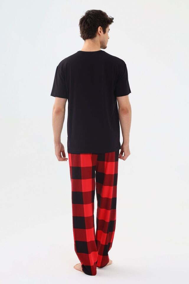 Erkek Kısa Kollu Pamuklu Kırmızı Ekose Desenli Kombinli Pijama Takımı Kırmızıekose - L