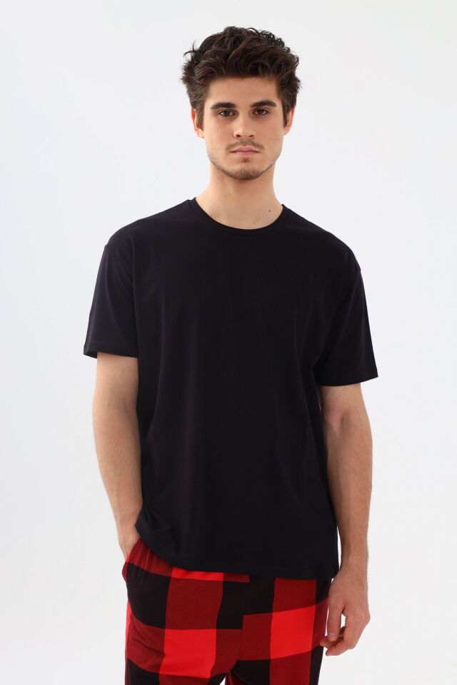 Erkek Kısa Kollu Pamuklu Kırmızı Ekose Desenli Kombinli Pijama Takımı Kırmızıekose - L