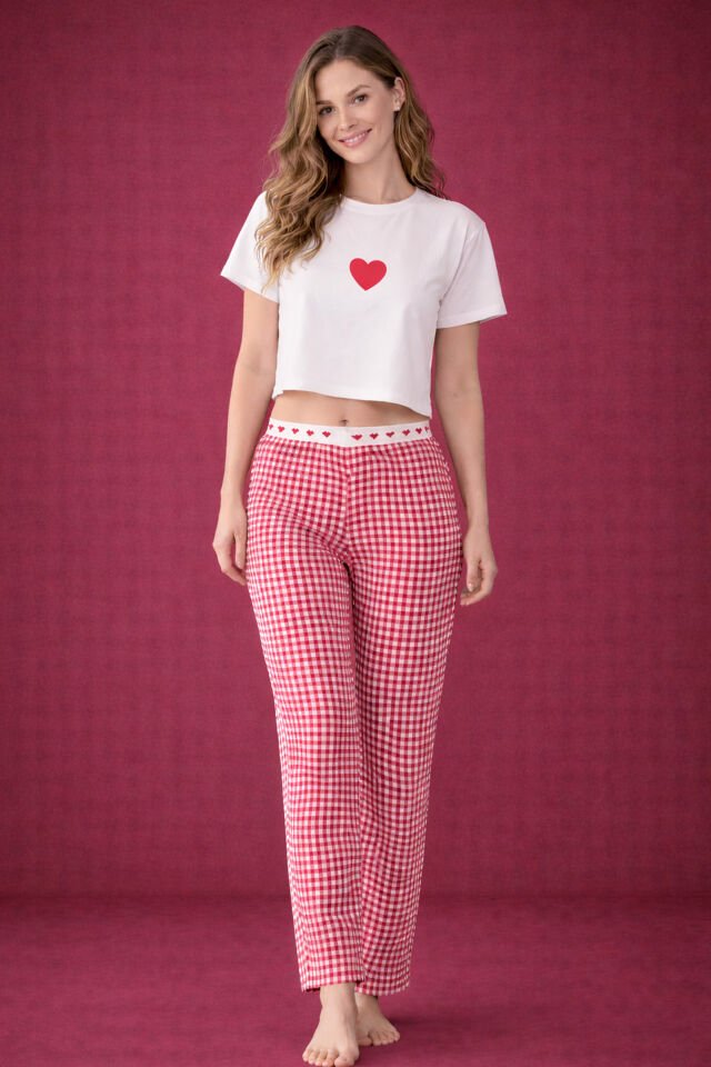 Sevgililer Günü Temalı Kadın Pamuklu Oversize  T-shirt  Ekose Desenli Pijama Takımı Kırmızı - Beyaz - M