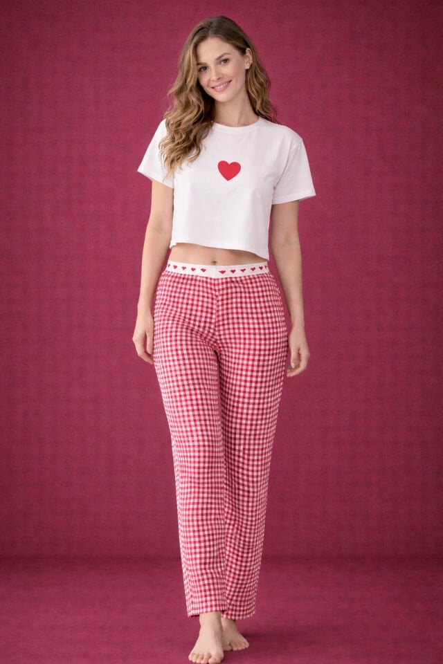 Sevgililer Günü Temalı Kadın Pamuklu Oversize  T-shirt  Ekose Desenli Pijama Takımı Kırmızı - Beyaz - XL