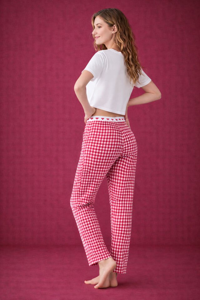 Sevgililer Günü Temalı Kadın Pamuklu Oversize  T-shirt  Ekose Desenli Pijama Takımı Kırmızı - Beyaz - XL