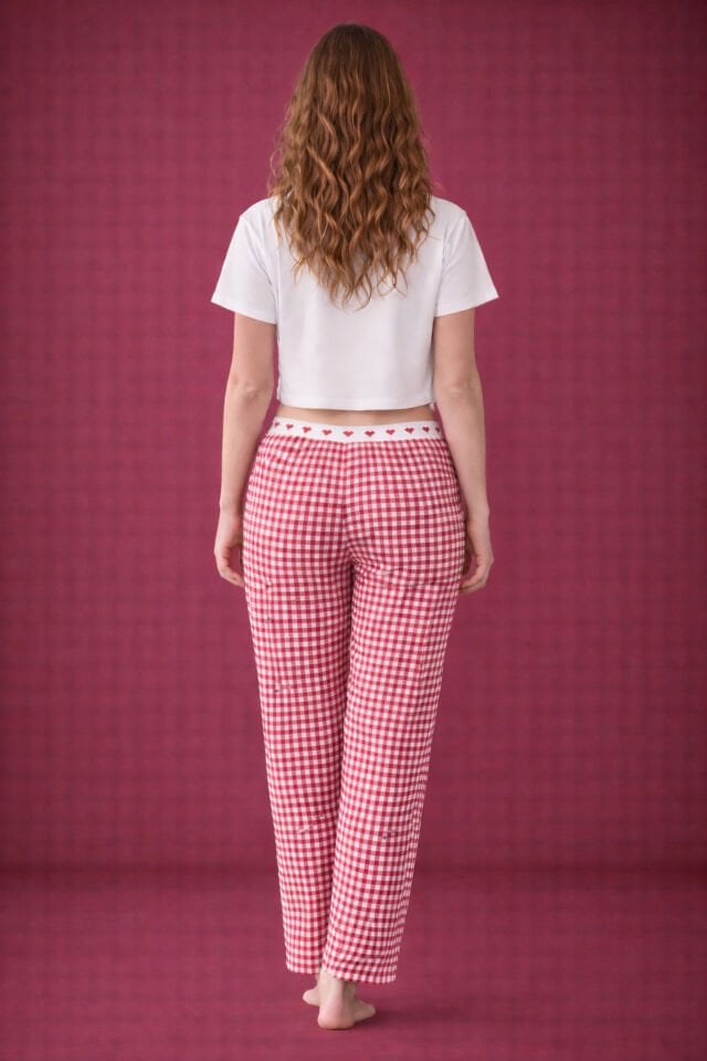 Sevgililer Günü Temalı Kadın Pamuklu Oversize  T-shirt  Ekose Desenli Pijama Takımı Kırmızı - Beyaz - XL