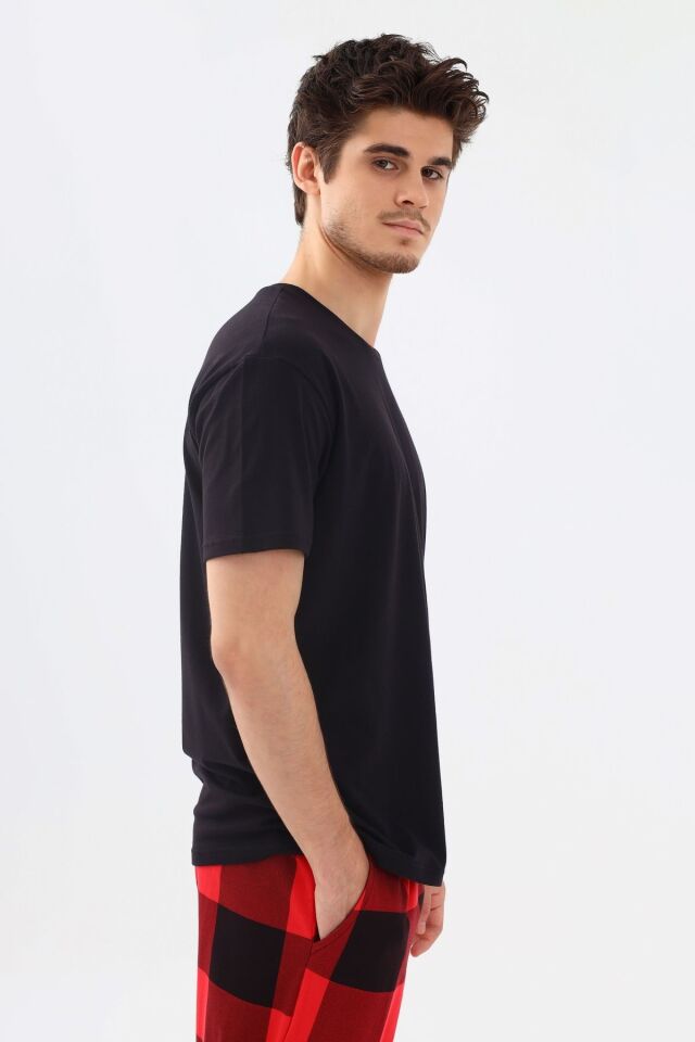 Erkek Kısa Kollu Pamuklu Kırmızı Ekose Desenli Kombinli Pijama Takımı Kırmızıekose - S