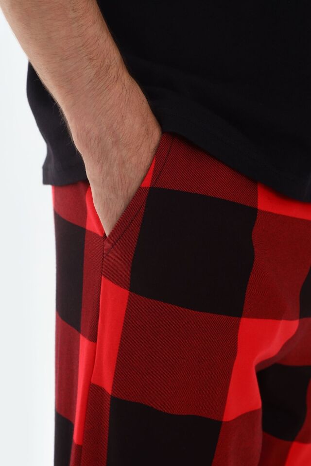 Erkek Kısa Kollu Pamuklu Kırmızı Ekose Desenli Kombinli Pijama Takımı Kırmızıekose - S