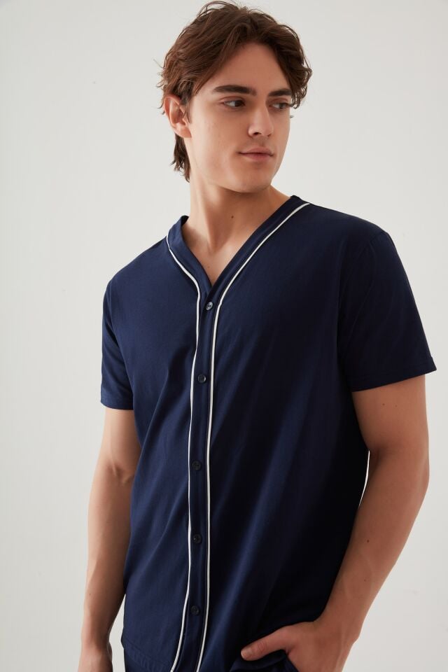 Erkek Kısa Kollu Pamuklu Gömlek Yaka Düğmeli Biyeli Pijama Takımı 2XL - Siyah - Beyaz