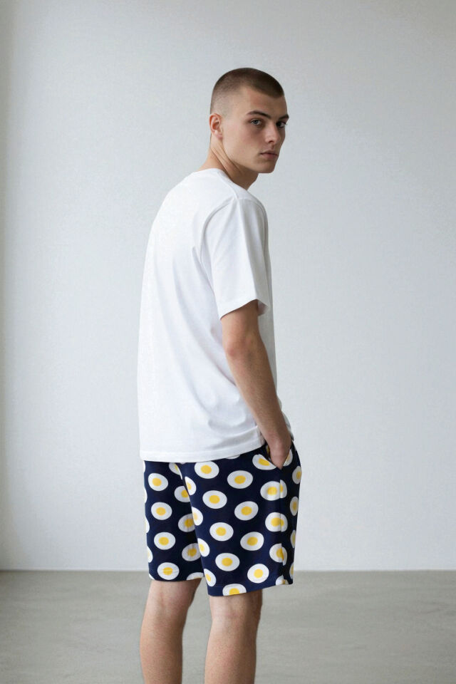 Erkek Pamuklu Baskılı Cepli Şortlu Pijama Takımı Sarı - Beyaz - L
