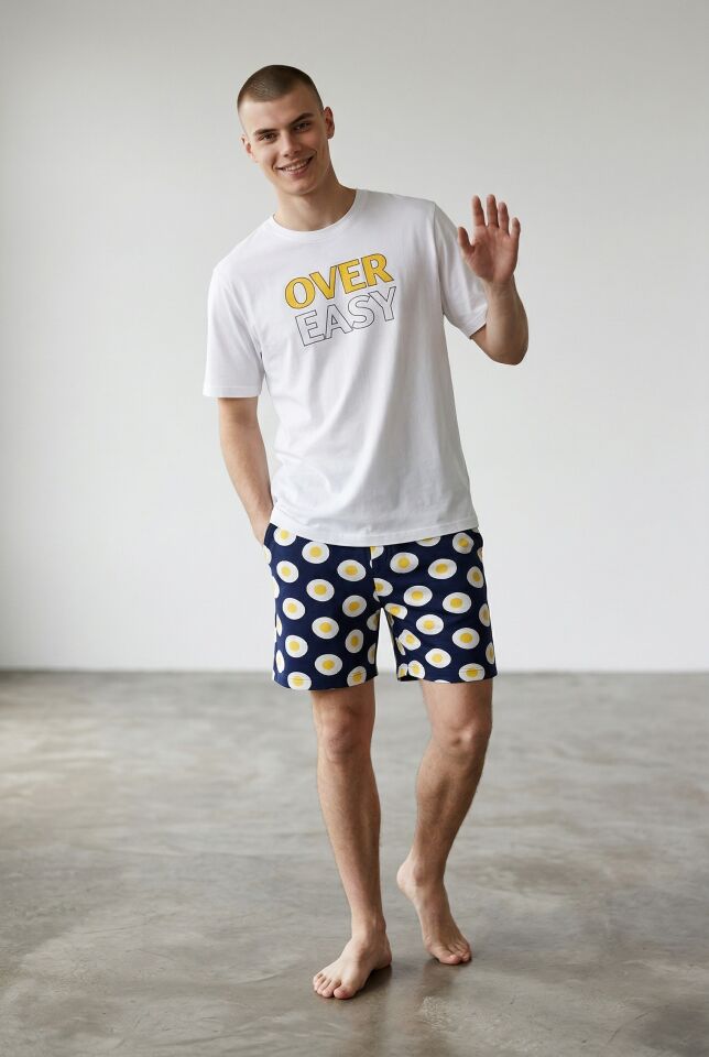 Erkek Pamuklu Baskılı Cepli Şortlu Pijama Takımı Sarı - Beyaz - XL