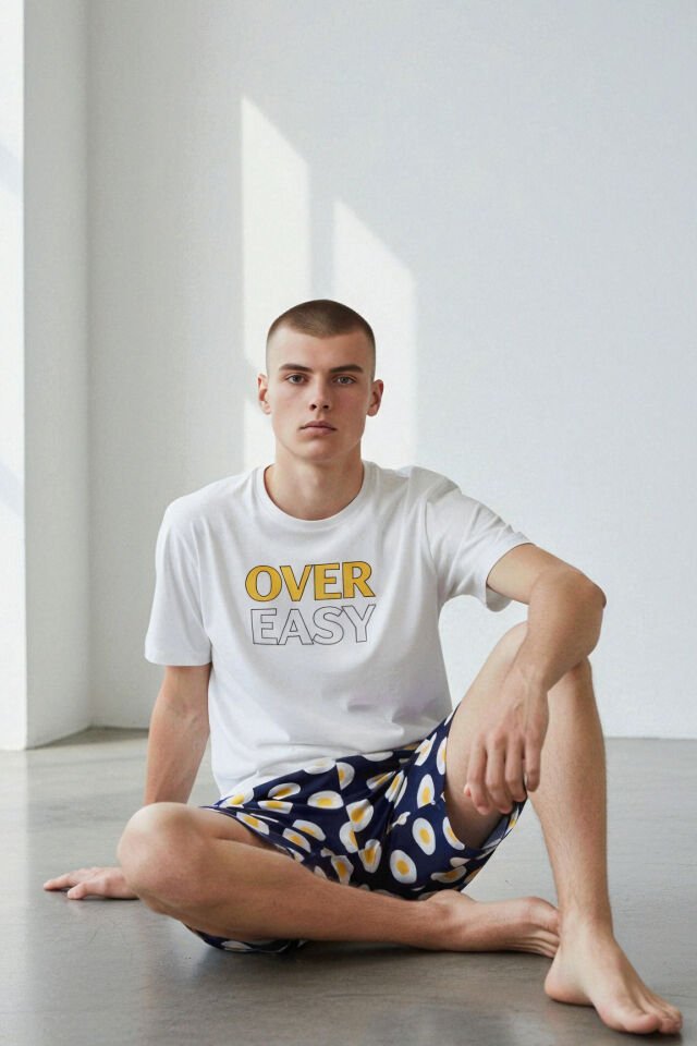 Erkek Pamuklu Baskılı Cepli Şortlu Pijama Takımı Sarı - Beyaz - XL