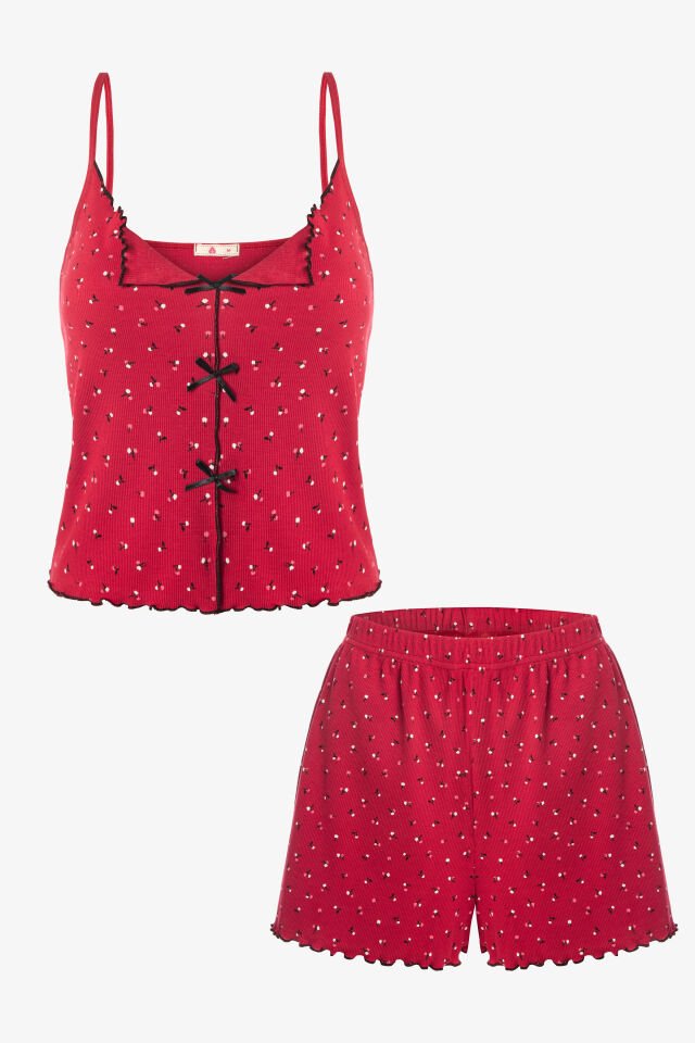Kadın İnce Askılı Fiyonklu Pamuklu Şortlu Pijama Takımı S - Bordo