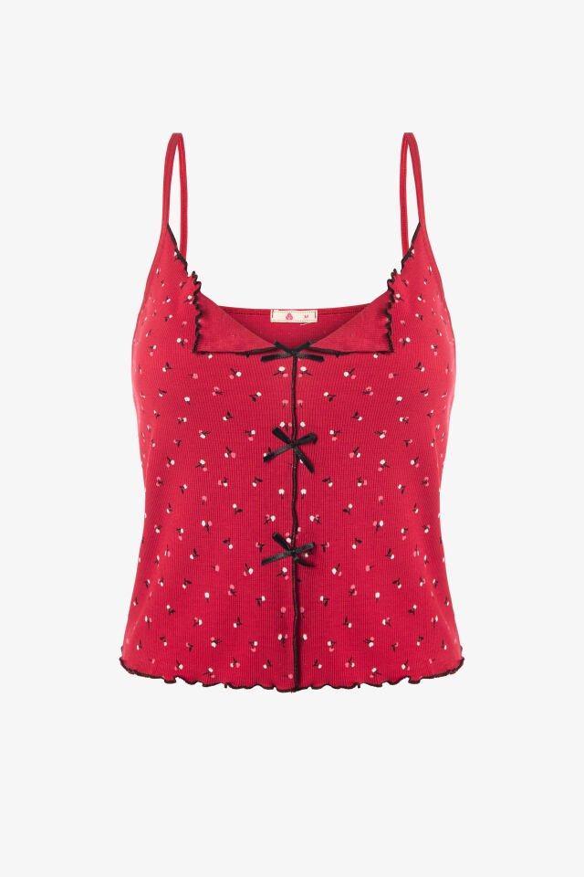 Kadın İnce Askılı Fiyonklu Pamuklu Şortlu Pijama Takımı S - Bordo