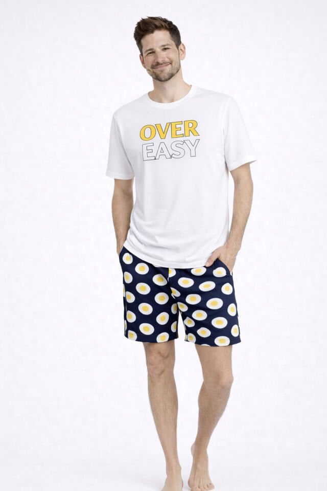 Erkek Pamuklu Baskılı Cepli Şortlu Pijama Takımı Sarı - Beyaz - 2XL