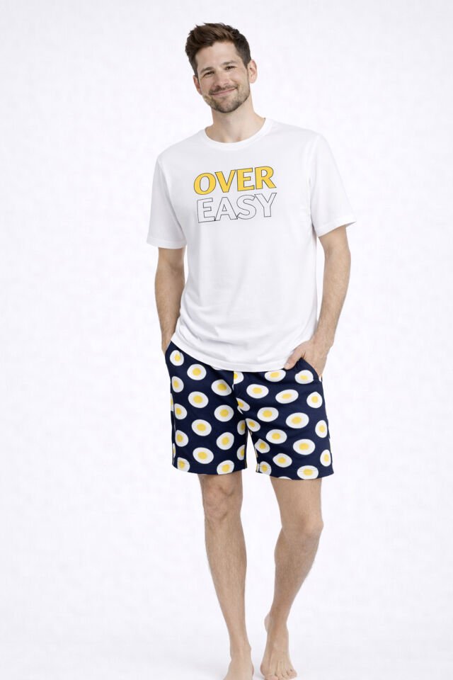 Erkek Pamuklu Baskılı Cepli Şortlu Pijama Takımı Sarı - Beyaz - 2XL