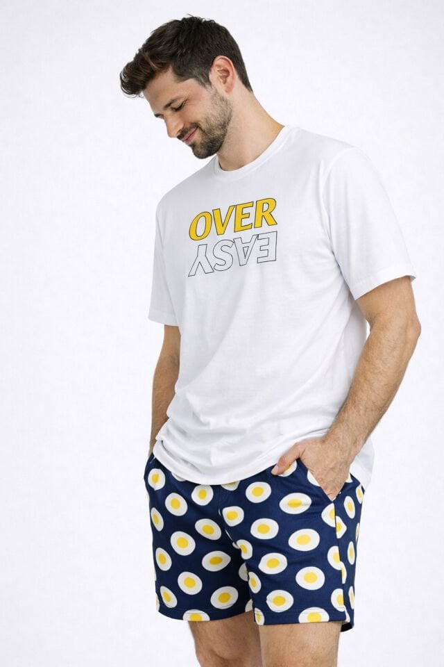 Erkek Pamuklu Baskılı Cepli Şortlu Pijama Takımı Sarı - Beyaz - 2XL