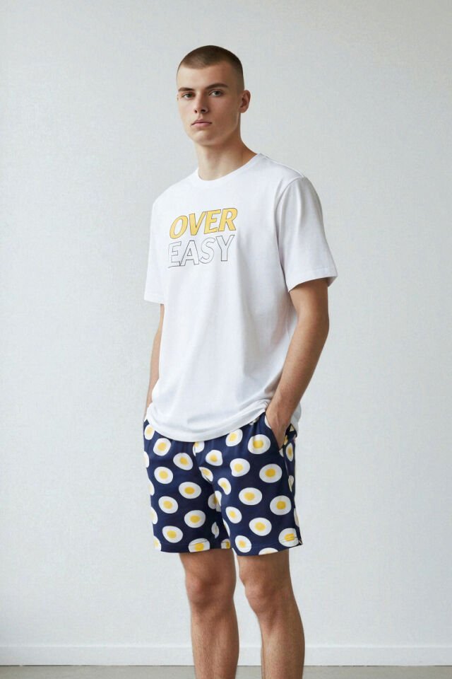 Erkek Pamuklu Baskılı Cepli Şortlu Pijama Takımı Sarı - Beyaz - 2XL