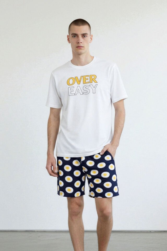 Erkek Pamuklu Baskılı Cepli Şortlu Pijama Takımı Sarı - Beyaz - 2XL