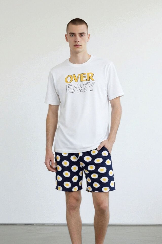 Erkek Pamuklu Baskılı Cepli Şortlu Pijama Takımı Sarı - Beyaz - 2XL