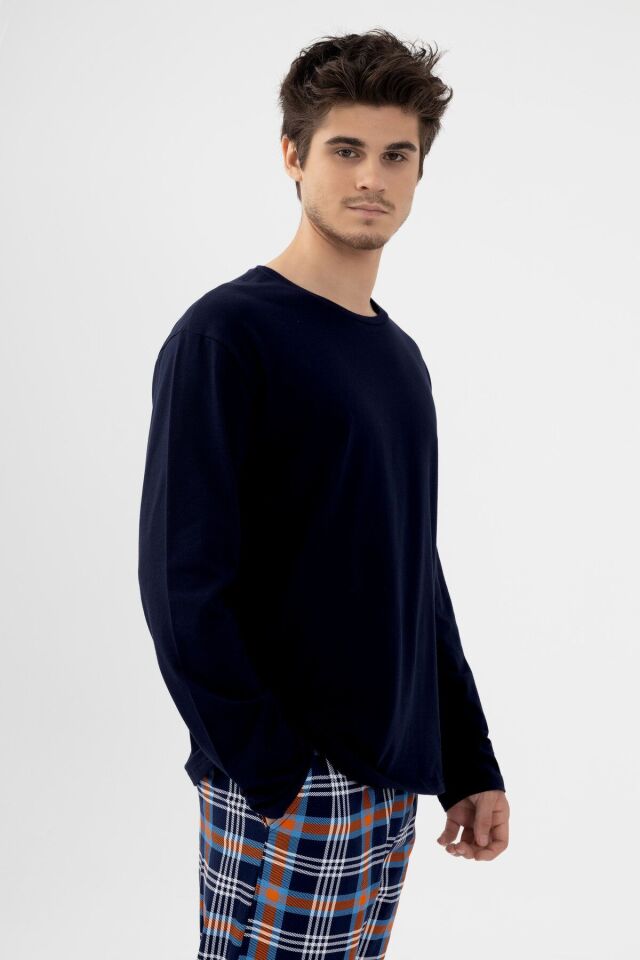 Erkek Pamuklu Uzun Kollu Ekose Desenli Pijama Takımı Turuncu Ekose - S