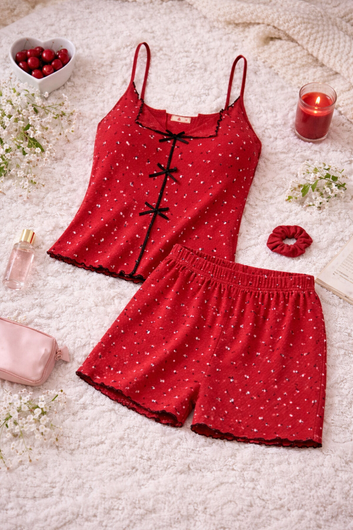Kadın İnce Askılı Fiyonklu Pamuklu Şortlu Pijama Takımı M - Bordo