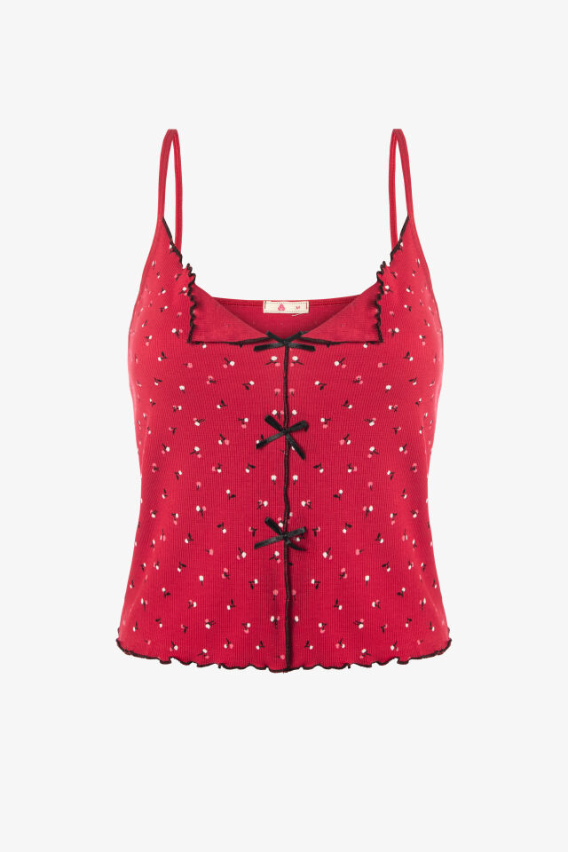 Kadın İnce Askılı Fiyonklu Pamuklu Şortlu Pijama Takımı XL - Bordo